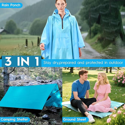 Bruvoalon 3-in-1 Rain Poncho with 1/4 Zip & Chest Pocket, Waterproof, Sunshade, Ground Mat for Adults & Youth Emergency