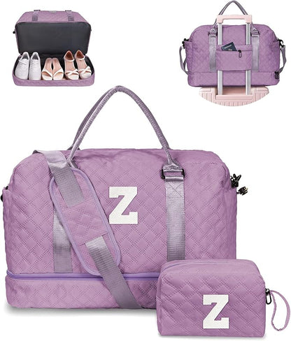 Initial Gifts, Personalized Weekender Bag with Shoulder Strap, Monogram Overnight Bag for Women Wet Pocket, Letter Travel Bag with Makeup Bag Gifts for Family Birthday Gifts (Letter Z)