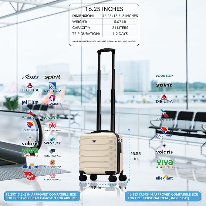 Flight Knight Carry On Suitcase 16.25x13.5x8 Hardside TSA Lock & USB Port Lightweight Luggage Silent Double Spinner Wheels Maximum Underseat Carry-On Bag For Virgin & South West Approved Airlines