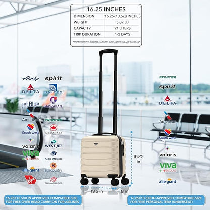 Flight Knight Carry On Suitcase 16.25x13.5x8 Hardside TSA Lock & USB Port Lightweight Luggage Silent Double Spinner Wheels Maximum Underseat Carry-On Bag For Virgin & South West Approved Airlines