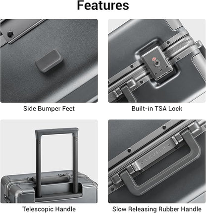 LEVEL8 Zipperless Checked Luggage with Aluminum Frame, Upgraded Medium Hardside Suitcase with Spinner Wheels, Metal Travel Luggage with Double Tsa Locks, 24 Inch, Grey