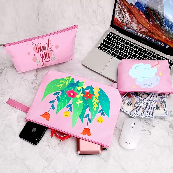 10 Pieces Cotton Canvas Makeup Bag with Bottom and Strap, Multi-Purpose Cosmetic Bag with Zipper Travel Toiletry Pouch, Blank DIY Craft Bag (Pink, L)
