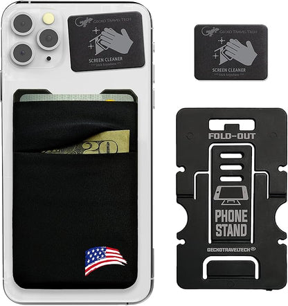 Gecko Travel Tech Double Pocket - Adhesive Card Holder - Cell Phone Pouch - Stick on Spandex Pocket - Carry Credit Cards and Cash (USA BRUSH)