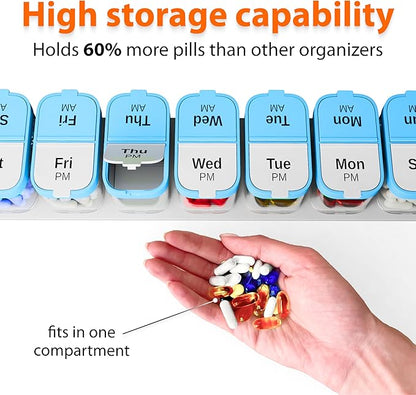 Extra Large Weekly Pill Organizer - XL Daily Pill Box - 7 Day Am Pm Pill Case Jumbo Pill Container for Supplements Big Pill Holder Twice A Day Oversized (Blue/White)