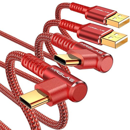 MRGLAS 3.2A USB C Charger Cable,[2-Pack,6.6+6.6FT] USB A to USB C Right Angle Gold-Plated Type C Charger Fast Charging Durable Braided Cord for iPhone 17 16 15 Samsung S10 S9 Note 10 S21 LG-Red