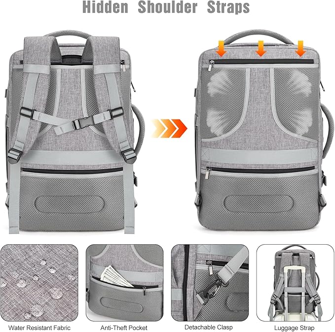 Tzowla 40L Expandable Travel Laptop Backpack for Men Women Carry on Flight Approved,Large Capacity Anti Theft Backpacks with USB/Type C Charging Port,Personal Item Bag Fit 17.3" Computer（Grey