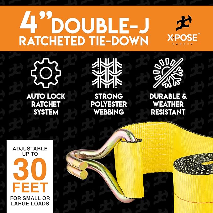 Ratchet Straps Heavy Duty 4" x 30' – 20,000 lbs Break Strength Tie Down Straps with Double J Hooks, Ratcheting Cargo Straps for Truck, Trailer, Kayak, Motorcycle & Moving – 4 Pack