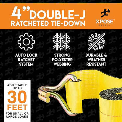 Ratchet Straps Heavy Duty 4" x 30' – 20,000 lbs Break Strength Tie Down Straps with Double J Hooks, Ratcheting Cargo Straps for Truck, Trailer, Kayak, Motorcycle & Moving – 4 Pack