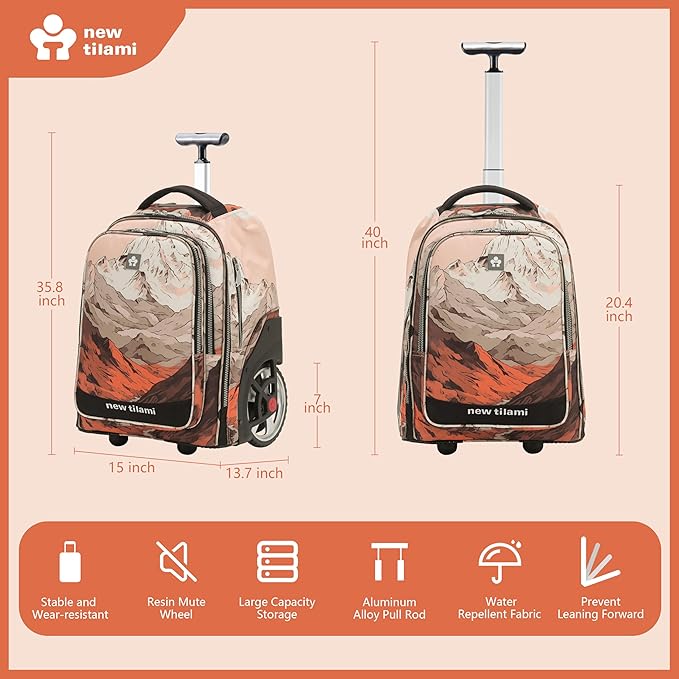 NEW TILAMI 20" Rolling Backpack for Teens Adults, Climbing Stairs Waterproof Backpack with Wheels for School Business Trave Camping with Laptop Compartment, Fit 17 Inch Laptop, Pcturesque Mountain