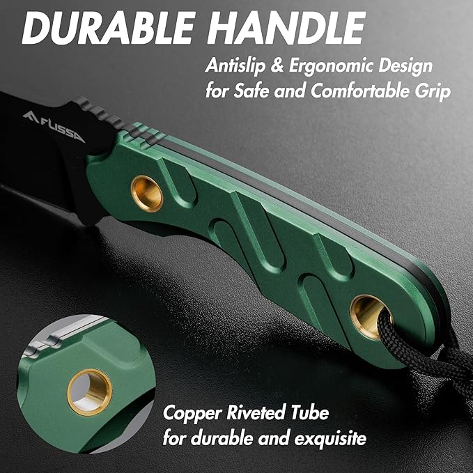 FLISSA Fixed Blade Knife, 7 Inch Full Tang Hunting Knife with Kydex Sheath and Emergency Rope for Tactical, Survival, Camping, Hiking(Green)