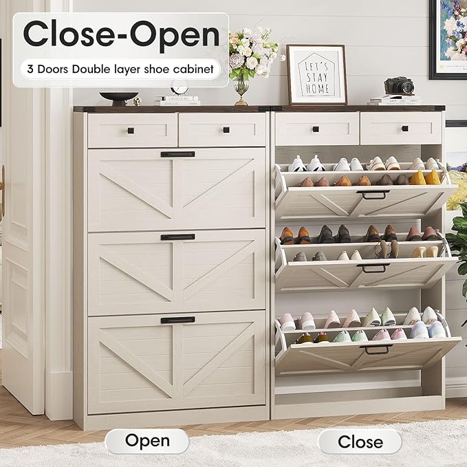 Shoe Cabinet with 3 Flip Drawers & 2 Drawers,Freestanding Shoe Storage Cabinet for Entryway,Farmhouse Narrow Slim Organizer Rack for Foyer,Hallway,White