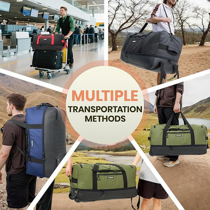 Fanwoli 30'' Rolling Duffel Bag with 2 Wheels - No-Sag Design for Heavy Loads, Expandable 100L-120L Waterproof Luggage, Foldable Lightweight Design with Muti Straps & Lock for Travel