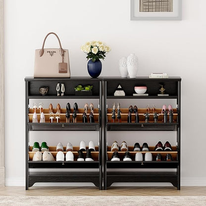 Chogori Solid Wood Shoe Storage Cabinet for Entryway - Narrow Freestanding Shoe Organizer with 2 Flip-Up Drawers, Hallway Shoe Rack with Sturdy Wooden Legs for Foyer, Living Room (2, Onyx Black)