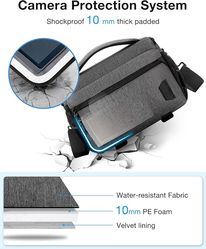 BAGSMART Small Camera Bag for Photographers, Compact Camera Shoulder Bags for DSLR/SLR/Mirrorless Cameras, Waterproof Crossbody Camera Case with Tripod Holder, Grey