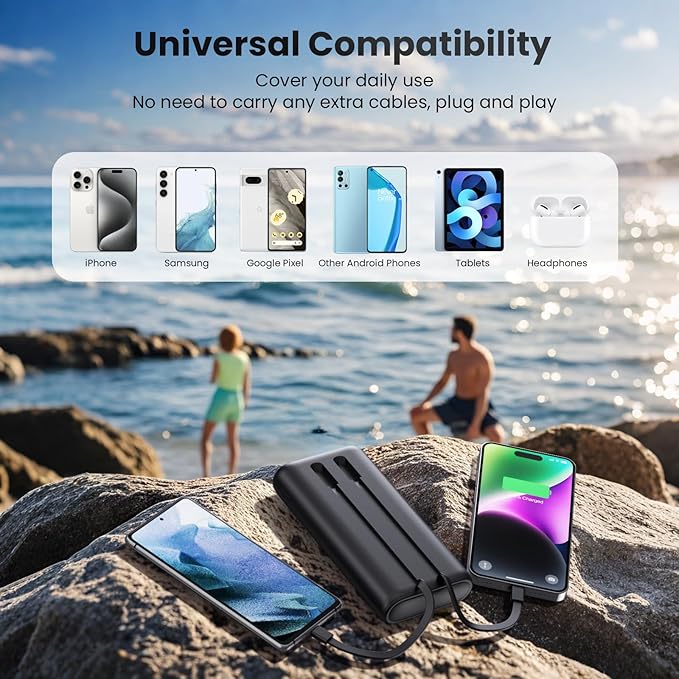 Upgraded Portable Charger 40800mAh Power Bank - Portable Battery with 2 Built in Cables,PD 25W USB C Fast Charging Battery Pack Compatible with iPhone 17 16 15 14 13 Android Phone etc-Black