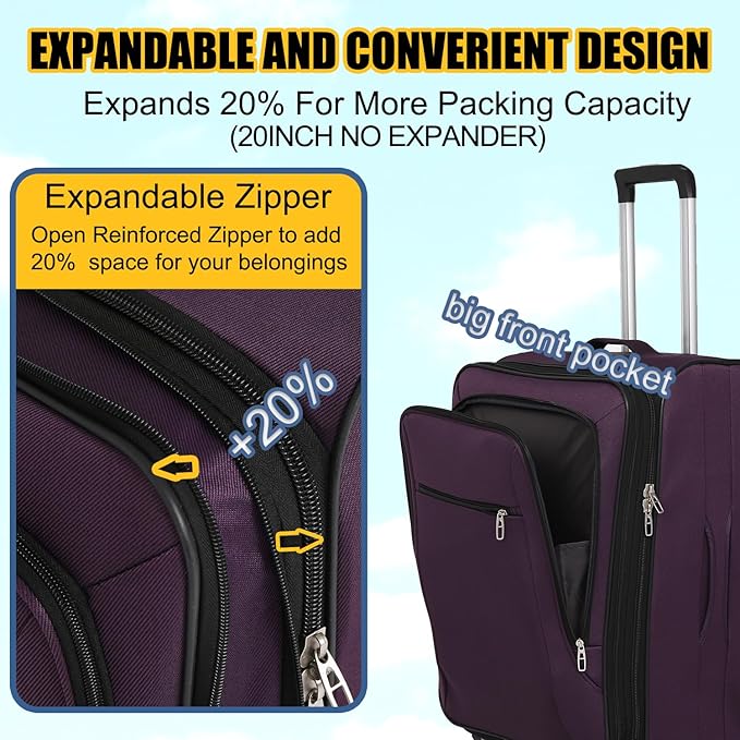 3pcs Set Softside Luggage Sets With Spinner Wheels, Expandable Softshell Suitcase Set with front pocket, 28inch, 24inch, 20inch Lightweight fabric luggage (PURPLE)