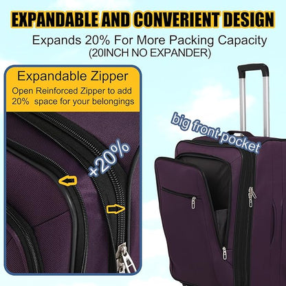 3pcs Set Softside Luggage Sets With Spinner Wheels, Expandable Softshell Suitcase Set with front pocket, 28inch, 24inch, 20inch Lightweight fabric luggage (PURPLE)