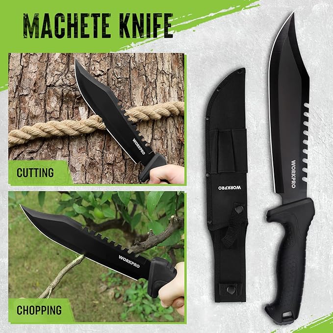 WORKPRO Camping Hatchet & Machete with Sheath, Camping Axe and Fixed Blade Hunting Knives with Paracord Handle, Headlamp, Flint, Camping Tool Set for Outdoor Hunting Survival