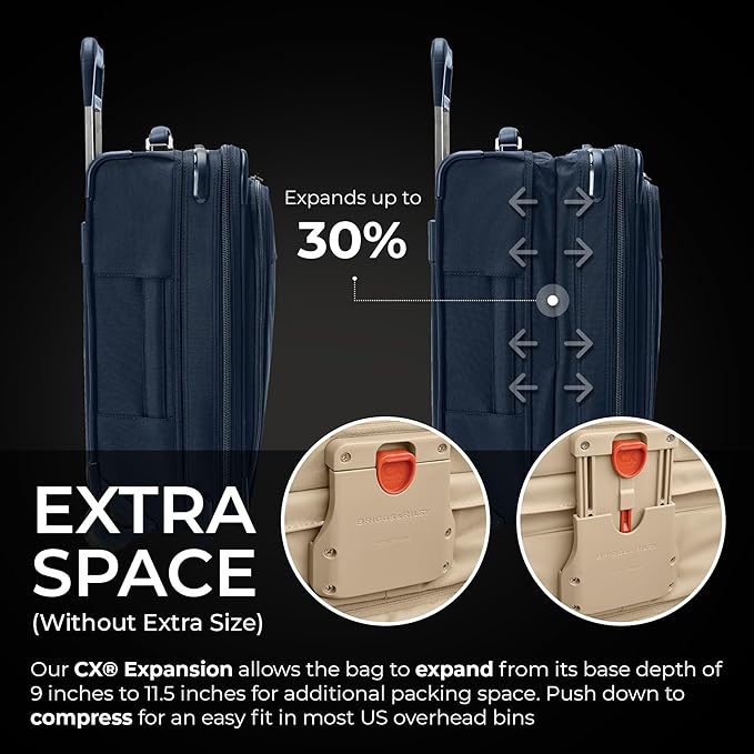 Briggs & Riley 21" Global 2-Wheel Expandable Carry On - Luggage for Travel, Suitcases with Wheels, Softside Rolling Bag for Men & Women, Self-Repairing Zipper - Baseline Collection, Navy