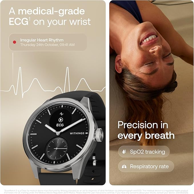 WITHINGS ScanWatch 2 - Hybrid Smart Watch, Heart Rate Monitoring, Fitness Tracker, Cycle Tracker, Sleep Monitoring, GPS Tracker, 30-Day Battery Life, Android & Apple Compatible, HSA/FSA