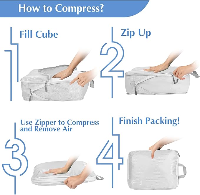 8 Set Expandable Compression Packing Cubes for Suitcases Travel Essentials Carry On Waterproof Storage Bag With Dry And Wet Separation Silvery