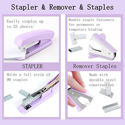 Purple Desk Accessories, Purple Office Supplies Accessories with Tape Dispenser, Stapler, Staple Remover, 1000 Staples, Tape, Clips Set, Ruler, Scissor, Pen
