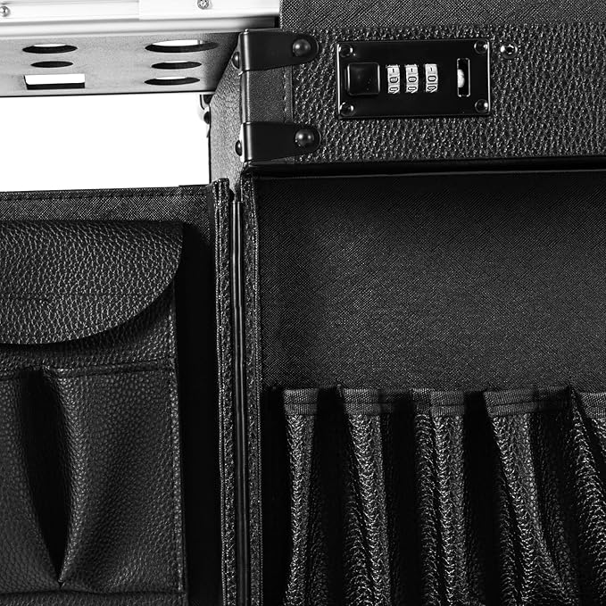 Beauty Rolling Makeup Train Case, Professional Lockable Rolling Salon Luggage, Retro-Rolling Cart Storage Organizer Trolley Make Up Case, 4 Universal Wheels, Retractable Rod, Buckle (All Black1)