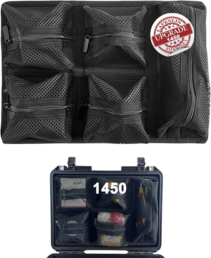 UPGRADED LAFENLIN Lid Organizer for Pelican 1450 Case, 5 Mesh Pockets Storage Organizer, Fits Camera Cases, Diving Dry Boxes, Hard Cases & Toolboxes, Includes Screws & Velcro, Durable, Thickening Mesh