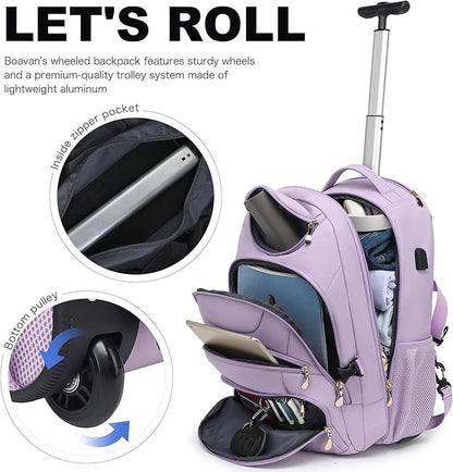 Boavan Rolling Backpack for Women, 17.3 Inch Wheeled Laptop Backpack,Large Travel CarryOn Bag for Teachers College Students, USB Charging Port Waterproof Business for Airplane Overnight Luggage，Purple