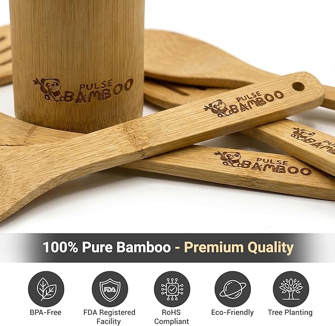 8-Piece Bamboo Utensil Set with Holder, Premium Non-Scratch Bamboo Cooking Utensils for Nonstick Cookware, Water-Resistant, BPA-Free, Eco-Friendly Kitchen Tools