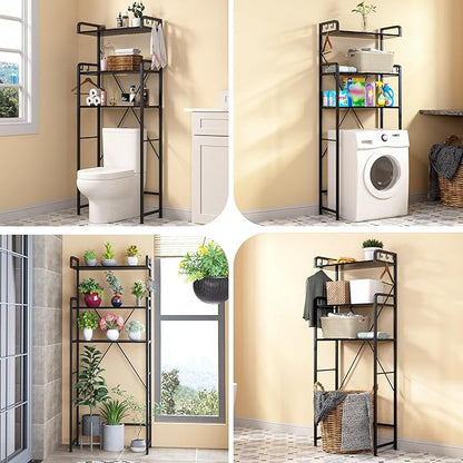 Over-The-Toilet Storage Rack with 3-Tier Shelves, Space Saver Toilet Shelf, Bathroom Storage Organizer with Hooks for Over-Toilet Storage (Black)