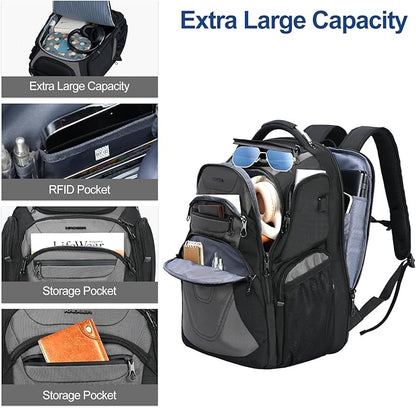KROSER Friendly Travel Laptop Backpack 18.4 inch XXXL Gaming Backpack Water-Repellent College Daypack Business Backpack with RFID Pockets & USB Port for Men/Women-Black/Grey