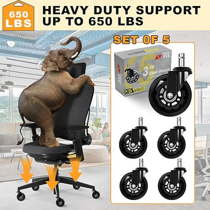 Office Chair Wheels for Casters Replacement - 3" Rubber Wheels for Computer Gaming Desk Caster Smooth & Safe Rolling for All Floors Including Hardwood and Carpet - Set of 5 - Black