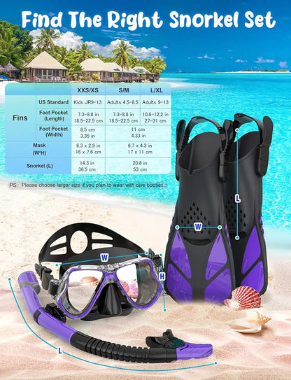 Zenoplige Mask Fins Snorkel Set, Snorkeling Gear for Adults, Panoramic View Snorkel Mask Anti-Fog, Adjustable Dive Flippers, Dry Top Snorkel and Travel Bag, Scuba Gear for Swimming Snorkeling Diving