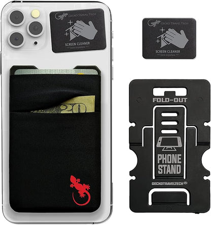 Gecko Travel Tech Double Pocket - Adhesive Card Holder - Cell Phone Pouch - Stick on Spandex Pocket - Carry Credit Cards and Cash (Logo - RED)
