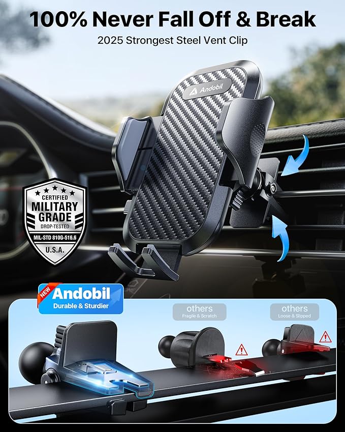 andobil Car Phone Holder, 2025 Military-Grade 89lbs Strongest Suction Phone Holders for Your Car Dashboard/Windshield/Vent Easy Clamp Car Phone Mount Stand for iPhone 17 16 15 14 13 Pro Max Samsung