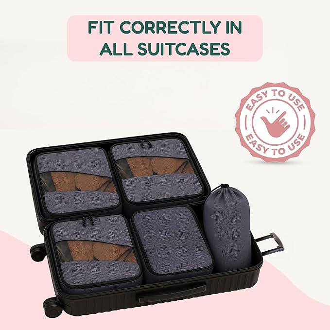 Compression Packing Cubes for Travel – 6-Pack Expandable Luggage Organizer Bags | Lightweight Storage Solution for Suitcase, Backpack & Carry-On | Travel Accessories for Men & Women (Grey & Black)