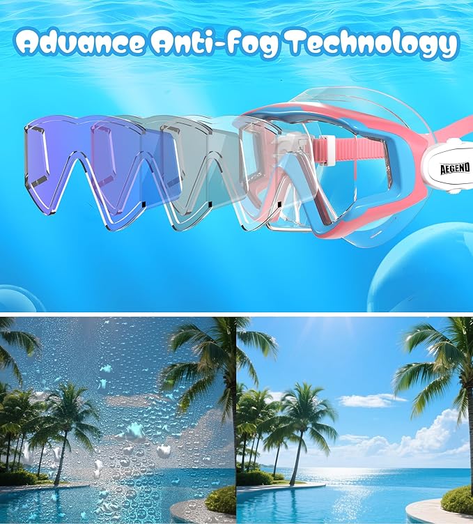 Aegend Snorkeling Gear for Adults Youth Kids, Dry Snorkel Set Panoramic View Enhanced Anti-Leak and Anti-Fog Technology, Adjustable Strap for Snorkeling Scuba Diving Swimming with Mesh Bag