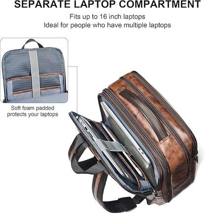 Shrrie Vegan Leather Laptop Backpack for Women&Men,16 Inch Expandable Backpack with USB Charging Port,Two-toned Brown