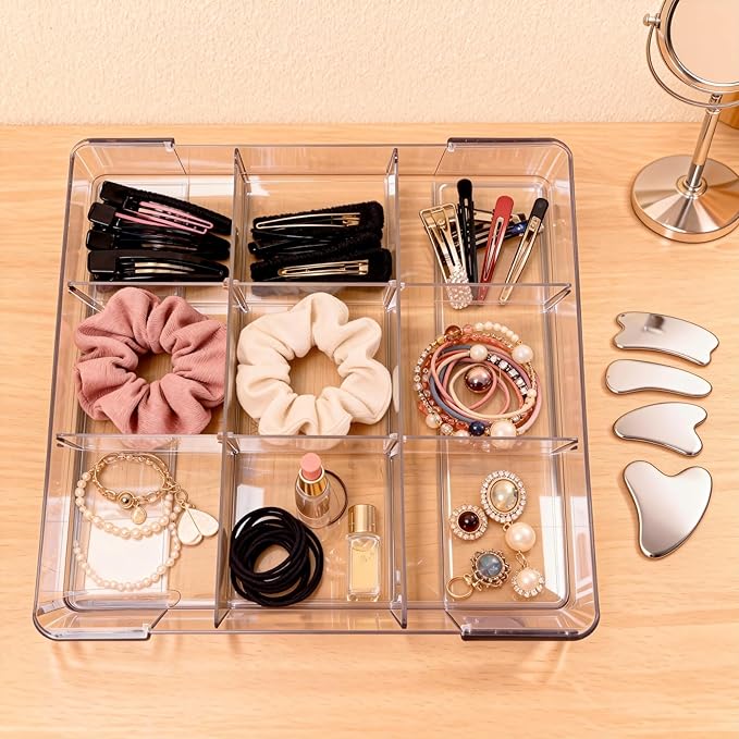 Expandable Desk Drawer Organizer, Acrylic Drawer Organizer Trays with 11 Adjustable Compartments 6 Removable Dividers Desk Accessories for Makeup Utensil Junk Office Kitchen Bathroom ( Clear, 2Pcs )
