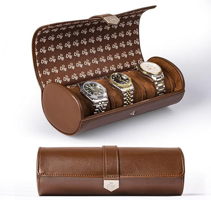 DUKWIN Watch Roll for 3 Watches, Vegan Leather Travel Watch Case Organizer with Removable Pillows for Men and Women,Display Case for Watches Collection and Gift for Anniversary Birthday(Brown Storage)