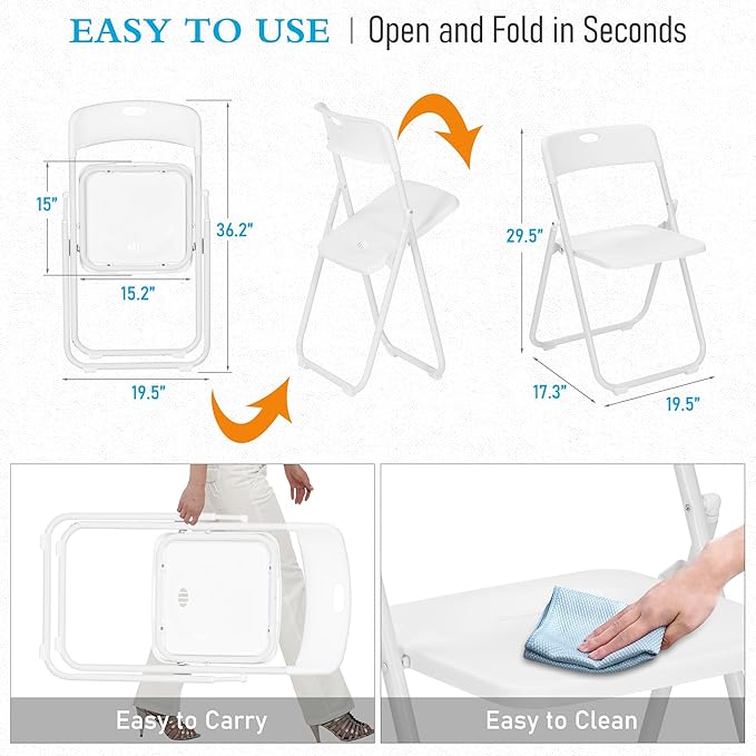 30 Pack White Plastic Folding Chairs, Indoor Outdoor Portable Stackable Commercial Seats with Steel Frame for Home Office Wedding Party Events Kitchen Dining, 350lb Capacity