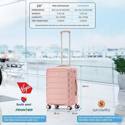 Flight Knight 24x16x10 Expandable Carry On Suitcase Hardside TSA Lock USB C Lightweight Luggage Silent Double Spinner Wheels Maximum Overhead Carry-On Bag For Virgin & South West Approved Airlines