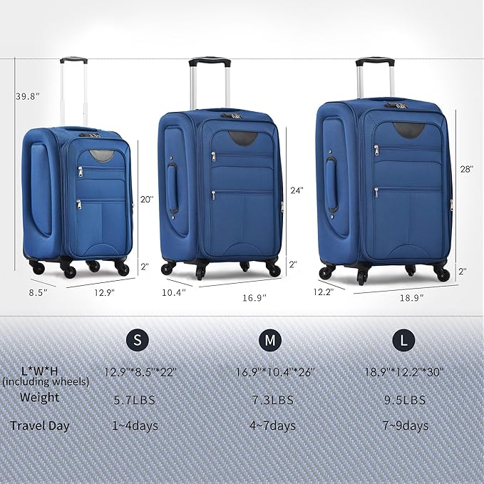 Merax Softside Luggage Set, Travel Suitcase Expandable Lightweight, 3 Piece Luggage Sets with Duffel Bag 22" 26" 30" Suitcase with TSA Lock Spinner Wheels,Navy Blue