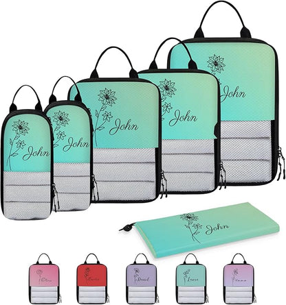 Custom 6 Set Compression Packing Cubes with Name Personalized Compressible Expandable Packing Organizers Luggage Carry On Suitcase Bags Travel Accessories Gifts, December Flower