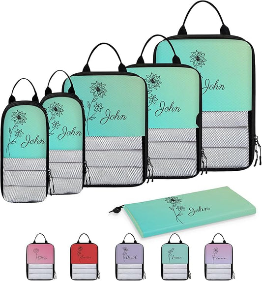 Custom 6 Set Compression Packing Cubes with Name Personalized Compressible Expandable Packing Organizers Luggage Carry On Suitcase Bags Travel Accessories Gifts, December Flower