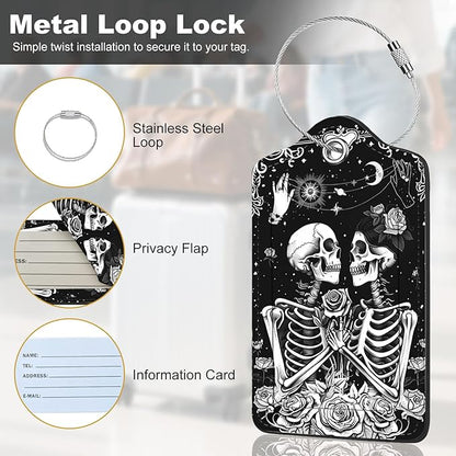 2Pack Luggage Tags for Suitcases, Cute Unique Pu Leather Cruise Luggage Tag with Privacy Cover ID Label Address Card and Metal Ring Suitable for Women Men Kids Travel Bag Skeletons and Flowers