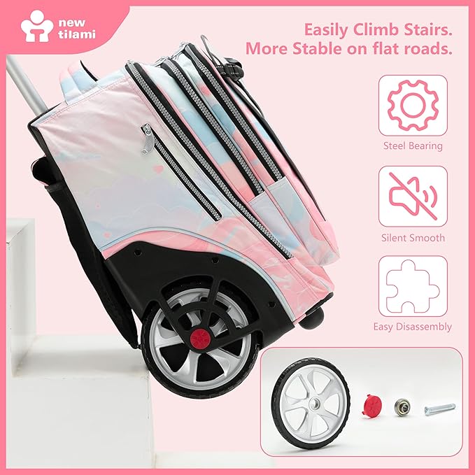 NEW TILAMI 20" Rolling Backpack for Teens Adults, Climbing Stairs Waterproof Backpack with Wheels for School Business Trave Camping with Laptop Compartment, Fit 17 Inch Laptop, Pink Dawn