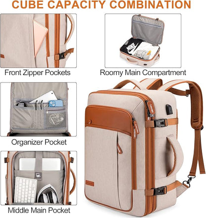 Lumesner Carry on Travel Backpacks, Extra Large 40L Flight Approved for Men & Women,Expandable Suitcase backpack (Beige (Backpack With 4 Packing Cubes))