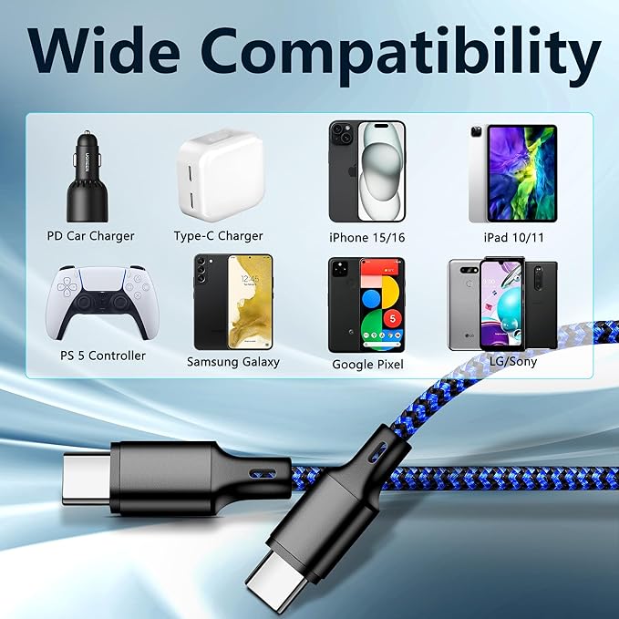 cugunu USB C to USB C Charger Cable, 5 Pack [3/3/6/6/10ft] Type C Fast Charging Cord High Data & Transfer Wire Compatible for iPhone 17/16/15 Plus/Pro Max iPad Pro Ps5 Controller Samsung (Black Blue)